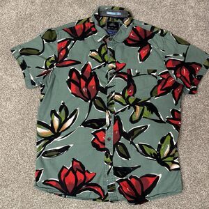 Floral Hawaiian Shirt Mens M Green Red Tropical Aloha Button Up Vacation